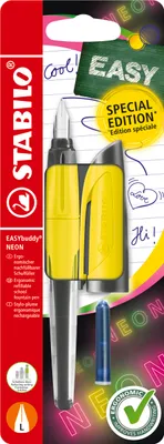 Produktbild von STABILO Schulfüller mit Linkshänder-Feder L - STABILO EASYbuddy NEON in neongelb - blau (löschbar) - inkl. Patrone