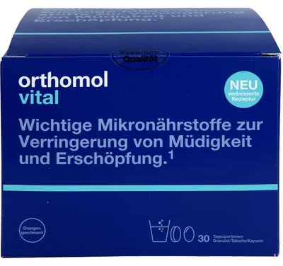Produktbild von Orthomol Vital Granulat + Tablette + Kapsel Orange Mikronährstoffe zur Verringerung von Müdigkeit und Erschöpfung, 30 St. Tagesportionen