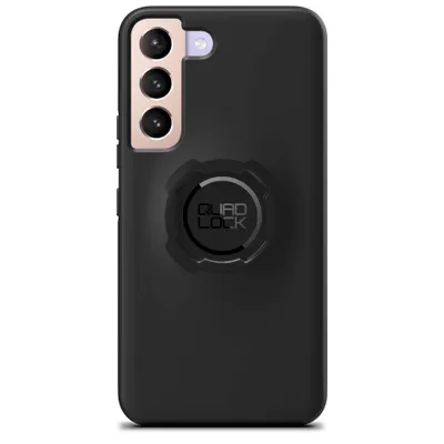 A black phone case with a Quad Lock mount on the back, shown against a white background.