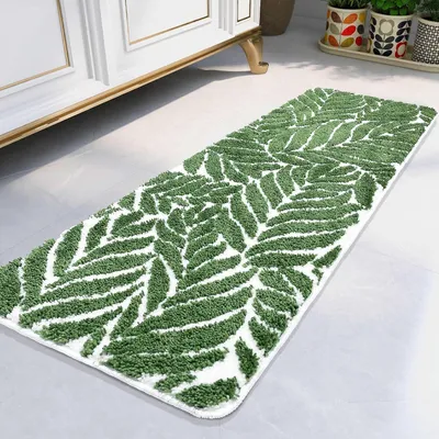Image de Tapis de bain antidérapant, vert foncé, avec motif de feuilles, dimensions 45 x 120 cm