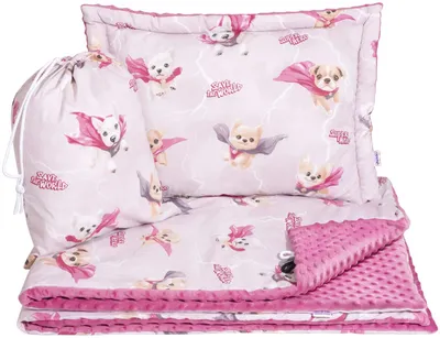 Produktbild von Decke und Kissen für Kindergartenkinder – Kindergarten-Bettwäsche-Set – Super Puppy Pink & Purple Minky