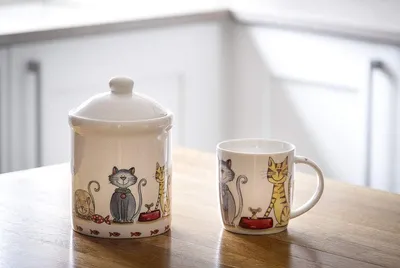 Produktbild von Famanu Keramische Vorratsdose mit Katzenmotiven - Mit Deckel - Aufbewahrungsbox für die Küche