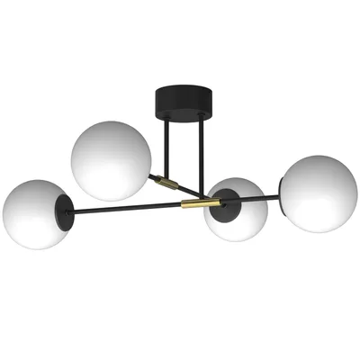 A modern ceiling light fixture with a black base and arms, featuring four white globe-shaped lights.