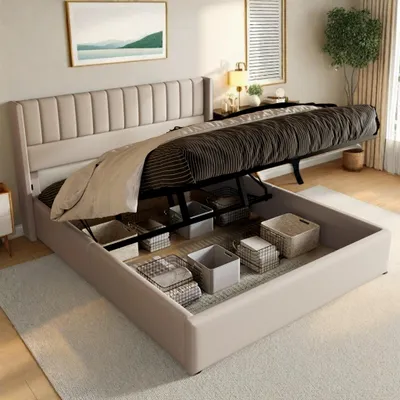 Immagine prodotto di Letto contenitore idraulico 160x200, letto imbottito matrimoniale con spazio contenitore e rete a doghe, beige, modello boxspring, senza materasso