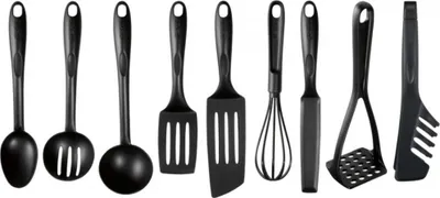 A set of black kitchen utensils arranged in a line against a white background.