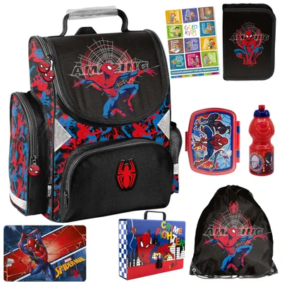 Produktbild von Schulranzen für Jungen und Mädchen, 8er-Set - Schul-Rucksack für Kinder mit Federmäppchen - Schuhbeutel Trinkflasche und Brotdose- Spiderman