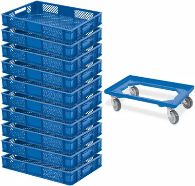 Produktbild von 10x Euroboxen / Bäckerkiste, LxBxH 600x400x90 mm, blau + Transportroller