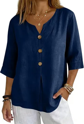 Image de ASKSA - Chemisier en mousseline pour femme, manches 3/4, chemisier d'été oversize, élégant, encolure en V, t-shirt, chemise hawaïenne, chemisier léger à manches courtes (bleu foncé, XXL)