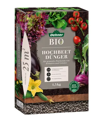 Produktbild von Dehner Bio Hochbeetdünger, hochwertiger Spezialdünger, Dünger für Kräuter / Gemüse, schonende Nährstoffversorgung, natürliche Langzeitwirkung, 1.5 kg, für ca. 25 qm