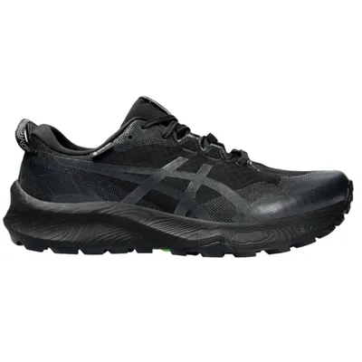 A black ASICS trail running shoe is shown from the side against a white background.