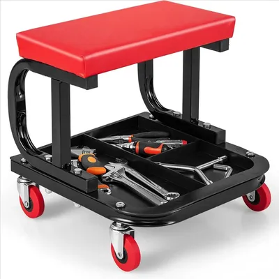 Produktbild von Werkstattstuhl - Rollhocker/Mechanikerstuhl - Tragkraft 150 kg - Werkzeugablage - Weich gepolsterte Sitzfläche - Rot