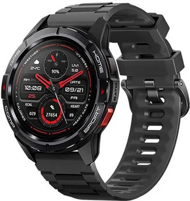 A black smartwatch with a round face displaying various metrics and a black strap.