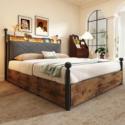 Immagine prodotto di okwish Letto per bambini 140×190 Letto matrimoniale con tre cassetti e baldacchino in metallo, Letto in metallo con LED e montanti rimovibili, senza materasso, Nero