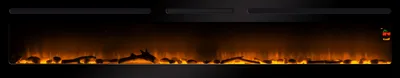 A long, black electric fireplace with a simulated flame effect.