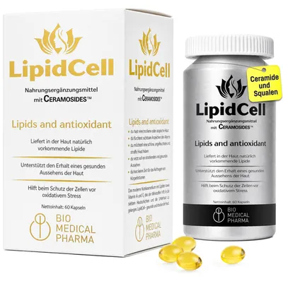 Produktbild von Ceramide Kapseln – CERAMOSIDES Phytoceramide 70mg mit Squalan, Vitamin A und E – Für Trockene Haut – LipidCell (60 Kapseln)