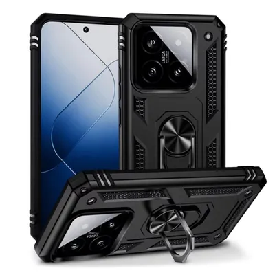 A black protective phone case with a ring holder is displayed from multiple angles against a white background.