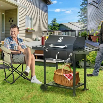 Produktbild von Holzkohlegrill mit Deckel, Smoker Grillwagen, höhenverstellbare Kohlewanne, Edelstahlgriffe | 120 x 64 x 114 cm | Schwarz | Thermometer