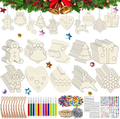 Productafbeelding van Houten decoraties - Set van 224 - Kerstversiering om te decoreren - Kerstdecoratie - Hout - Houten decoratie - Kerstboom