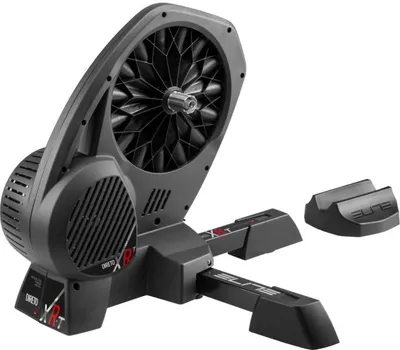A black and gray bicycle trainer is shown on a white background.
