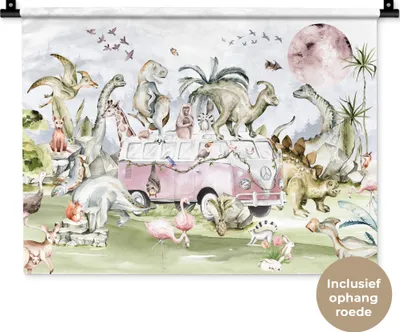Produktbild von MuchoWow® Wandteppich Wandbehang Dinosaurier - Kinder - Bus - Bäume - Tiere - Kinder 60x45 cm Tapisserie Dekoration Wandtuch - Das Schlafzimmer