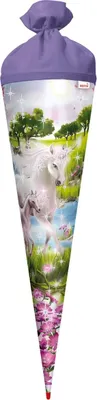 Produktbild von ROTH Schultüte groß Einhorn mit Fohlen 70 cm mit Glitzer rund Rot(h)-Spitze Filzverschluss Zuckertüte Schulanfang