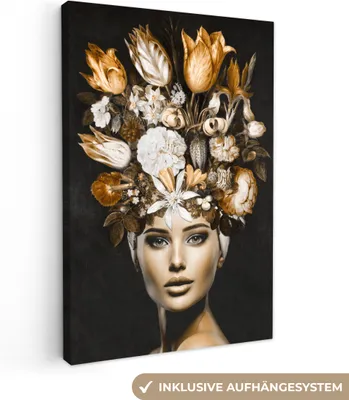 Obrázok produktu pre MuchoWow® - Plátno - Žena - Kvety - Zlatá, nástenná maľba, nástenné dekorácie obrazy obývacia izba, 60x90cm