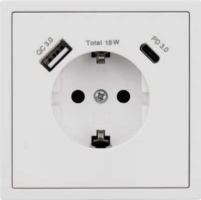 Produktbild von Schutzkontakt-Steckdose McPower "Shallow", 1x USB-C - 18W Quickcharge - 1x USB-A, weiß, matt