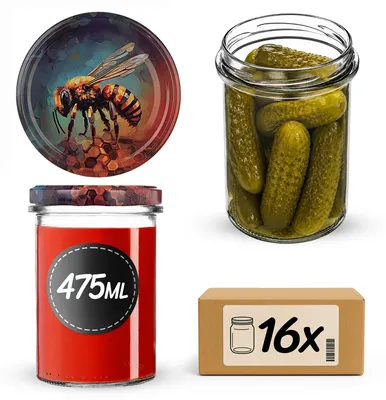 Produktbild von KADAX Einmachgläser 475ml mit Ø 82 mm Schraubdeckel, Marmeladengläser, Schraubgläser zum Einkochen, Einmachen und Aufbewahren von Marmelade & Honig (Blaue Biene, 16 Stück)