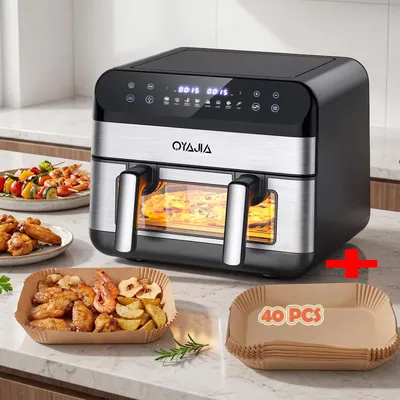 Produktbild von Heißluftfritteuse 9.8L Airfryer, Doppel Heissluftfritteuse 2 Kammern mit herausnehmbarem Trenner, 70 Prozent energiesparend, 8 Programme, Sichtfenster