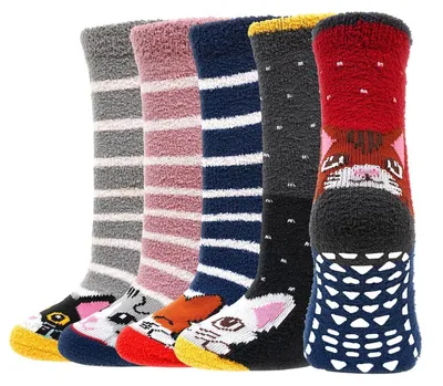 Produktbild von Kinder Kuschelsocken 5 Paar 7-9 Jahre mit Noppen Tier Muster Dicke Warme Haussocken für Winter