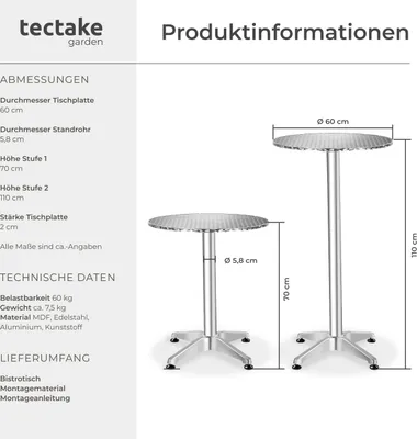 Produktbild von Stehtisch Frederic aus Aluminium, rund 60 x 70/110 cm