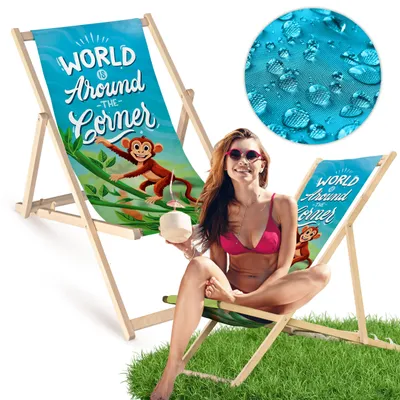 Holz Liegestuhl klappbar „World Around the Corner Monkey“ – Gartenstuhl Relaxstuhl Sonnenliege Balko
