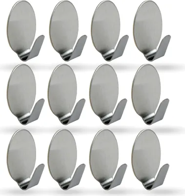 Produktbild von Selbstklebende Wandhaken ( Oval - 12er Set ) Silber aus Edelstahl für Badezimmer, Schlafzimmer, Wand, Rostfrei Aufhänger Bilderhaken ohne Bohren