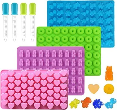 Produktbild von Silikonformen für Süßigkeiten - Set aus 4 für Schokolade Gummibärchen Seifen - Enthält 4 Pipetten - Zufällige Farbe
