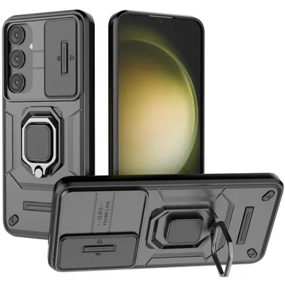 Produktbild von Hülle für Samsung Galaxy S25 Plus Dual Layer Handyhülle Schiebe Kamera Schutz und Ringhalter Ständer Schwarz