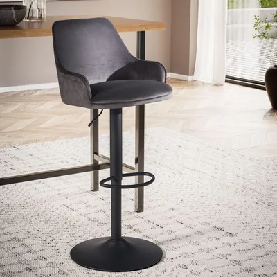Produktbild von WOHNLING Barhocker Samt Grau Hocker mit Lehne 86 106 cm Küchenhocker Höhenverstellbar Modern 100 kg Barstuhl Tresenhocker mit Metall-Trompetenfuß