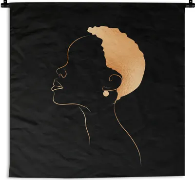 Produktbild von MuchoWow® Wandteppich Wandbehang Frau - Schwarz und Gold - Strichzeichnung 150x150 cm Tapisserie Dekoration Wandtuch - Wohnaccessoires - Modernes