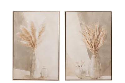 Produktbild von 2er Set stilvolle Pampasgras-Vasen Leinwanddrucke mit Holzrahmen in Beige - Natürliche Eleganz für Ihr Zuhause