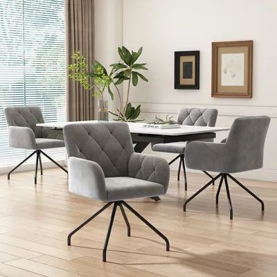 Produktbild von MODFU Esszimmerstuhl  Küchenstuhl Relaxsessel 4er set  mit 4 Metallbeinen Polstersessel,Lendenwirbelstütze,für Shlafzimmer,Arbeitzimmer und Schreibtisch,Samt,Hellgrau