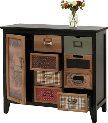 Zdjęcie produktu dla Komoda apteczna HWC-O63, szuflady szafki uchwyt na etykiety vintage shabby wzór, drewno 80x91x40cm ~ korpus czarny