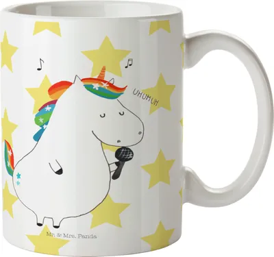 Produktbild von Mr. & Mrs. Panda Tasse Einhorn Sänger - Weiß - Geschenk, cappuccinotasse, Fest, Einhörner, Geburtstag, Kaffeetasse, Glitzer, Unicorn, Becher, Motivtasse, Teetasse