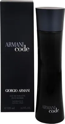 A product shot of Armani Code Pour Homme Eau de Toilette and its packaging.