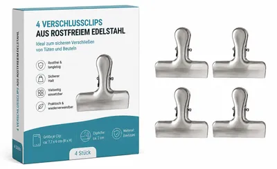 Produktbild von Edelstahl Verschlussclips 4er Set für Tüten & Beutel rostfrei Silber, KI-generiertes Bild