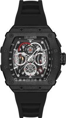 A black chronograph watch with a skeleton dial and a black rubber strap.
