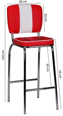 Obrázek produktu pro Sada dvou barových židlí ve stylu americké restaurace, červené barvy, retro design 50. let. Židle mají opěradlo, sedák a podnožku. Výška sedáku: 76 cm