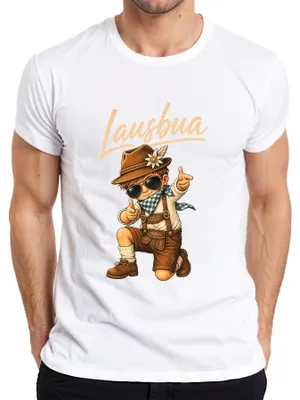 Obrázek produktu pro Lausbua, pánské tričko s motivem tradičního bavorského oděvu (Lederhose, Dirndl, motiv alp), bílé barvy, velikost 3XL