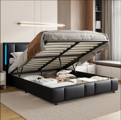 Produktbild von CDGlobal Polsterbett 160x200cm Stauraumbett mit LED, USB,Type-c, Doppelbett Boxspringbett mit Lattenrost und Stauraum, Funktionsbett Jugendbett, PU, Schwarz