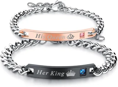 Produktbild von Partner Armband Set Edelstahl für Paare – Panzerkette mit Gravur His Queen Her King, Damen & Herren Armbänder, Geschenk für Verliebte, J0726