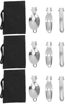 Image de Couvert de voyage, trois pièces - Pliable - En acier inoxydable - Avec sac de transport - Durable - Pour camping/pique-nique