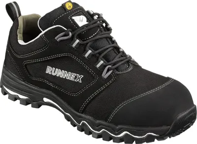 A studio shot of a black safety shoe.